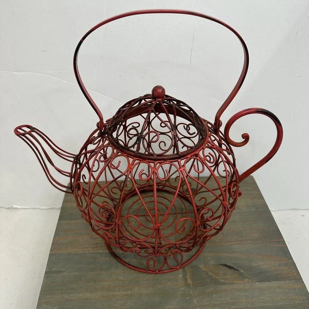 Vtg Large Metal Teapot Basket Filigree Tea Time Metal Home Decor Rustic W Handle